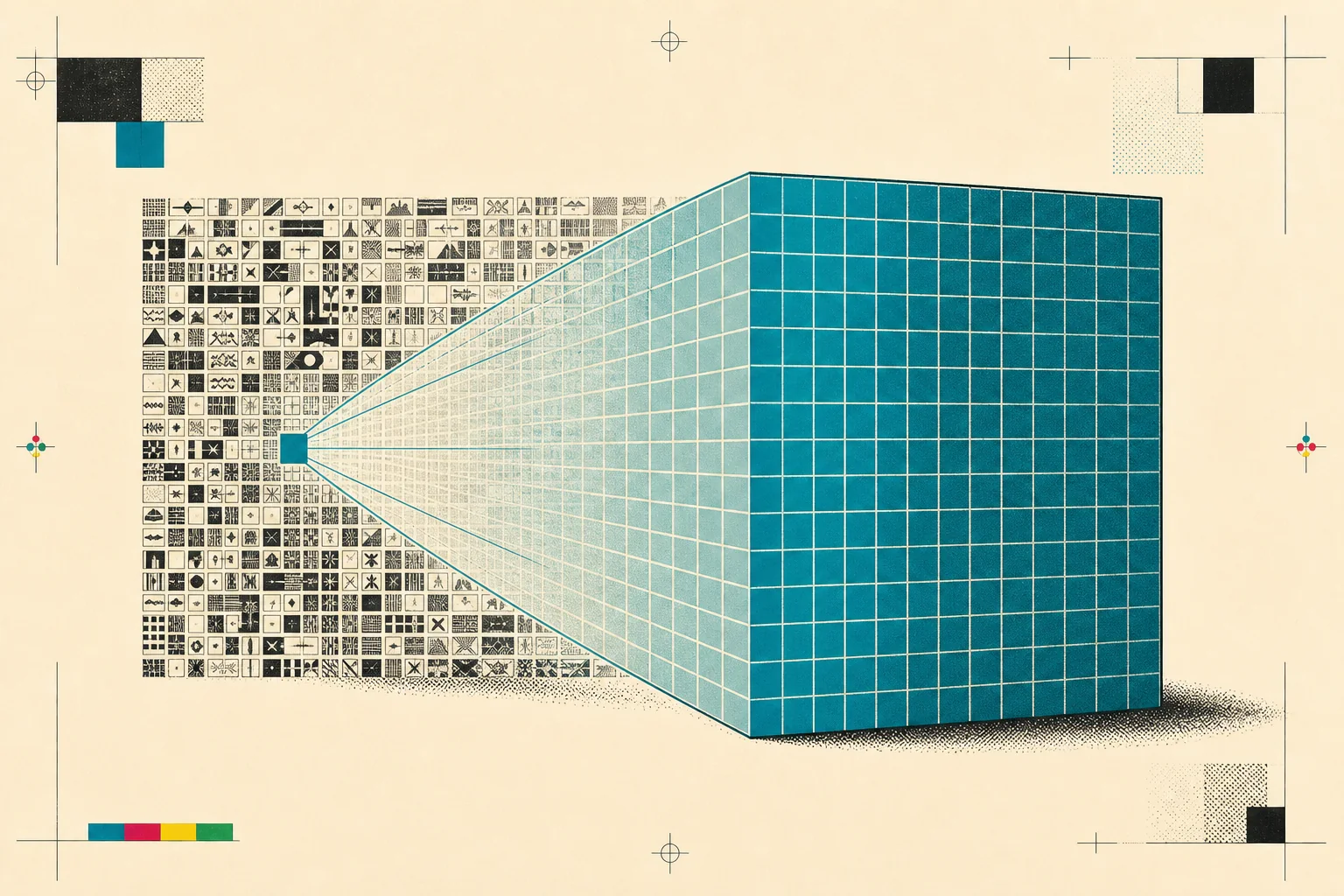 Un mosaico di piccoli pixel pubblicitari si espande in un grande blocco tridimensionale color ciano.