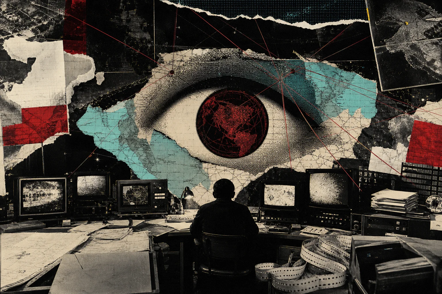 Documentary collage of an analog surveillance room dominated by a large eye made of maps and connections.