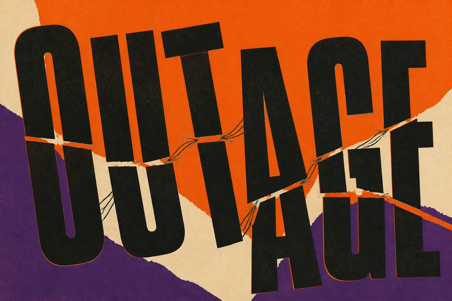 Orange and violet typographic cover with the word OUTAGE fractured like collapsing infrastructure.