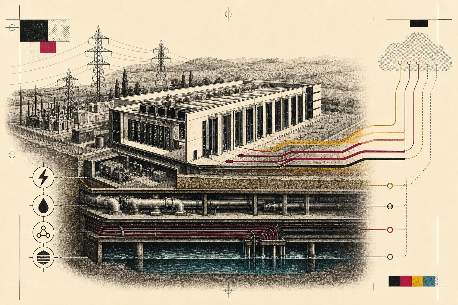 Illustrazione tecnica di un data center italiano. Sotto l'edificio sono visibili rete elettrica, tubazioni dell'acqua e fibra; alcune linee di servizio proseguono verso una nuvola esterna.