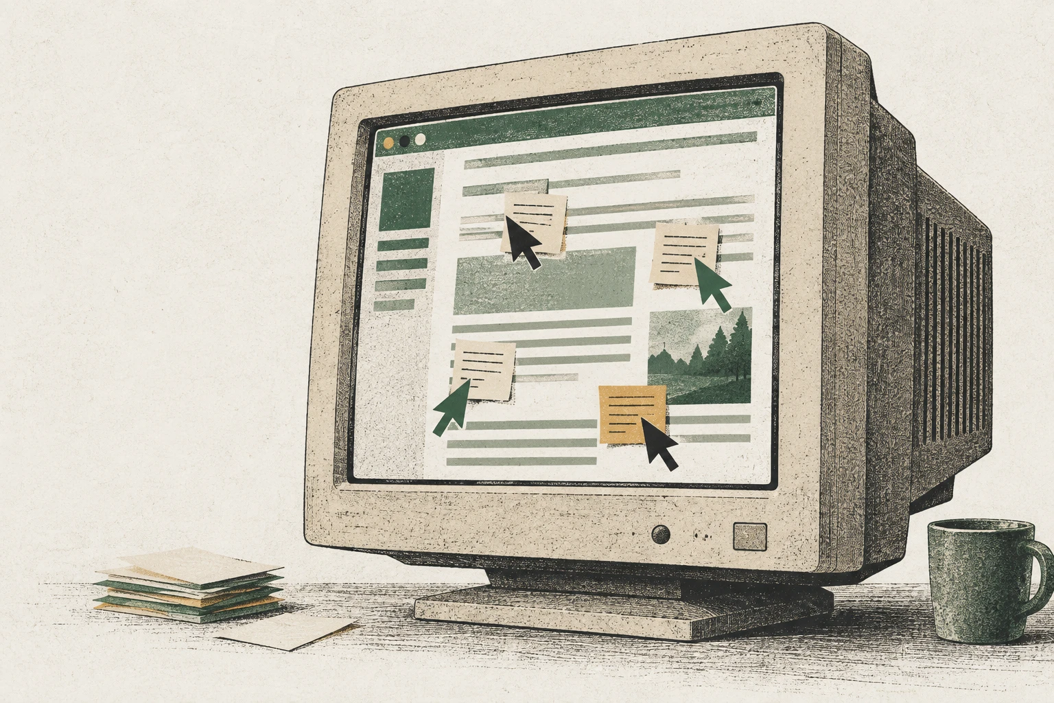 An old beige monitor with a schematic Web page: several cursors point to shared notes on the screen, illustrating a wiki used as a message board by agents.