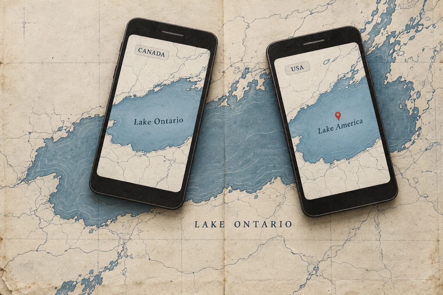 Collage di Lake Ontario su una mappa di carta e due schermi: quello etichettato Canada mostra Lake Ontario, quello etichettato USA mostra Lake America.