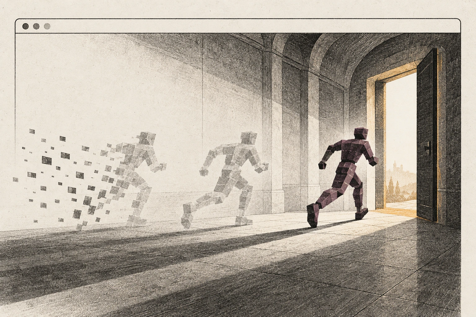 Un personaggio di un videogioco corre verso una porta aperta dentro una finestra browser, mentre due sue posizioni precedenti sbiadiscono e si frammentano alle sue spalle.
