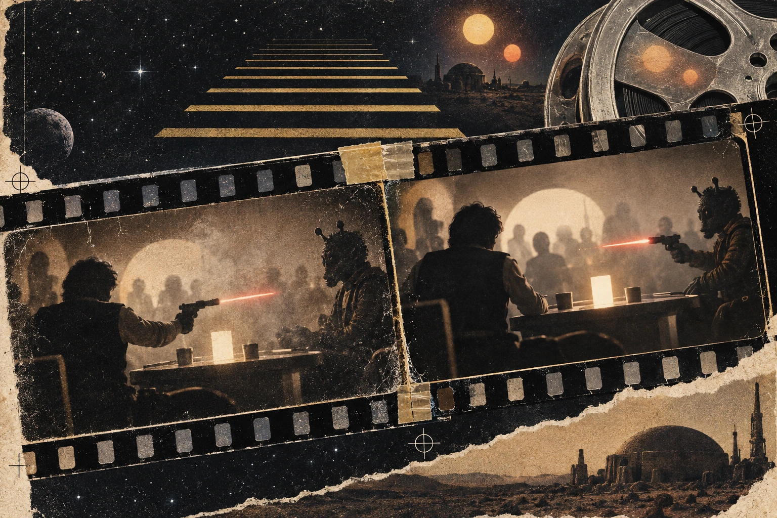 Collage editoriale su pellicola 35 mm: due versioni sovrapposte della stessa scena in una cantina spaziale mostrano prima il contrabbandiere e poi il cacciatore alieno mentre sparano; sullo sfondo compaiono un crawl senza parole, due soli, una bobina e giunte di restauro.