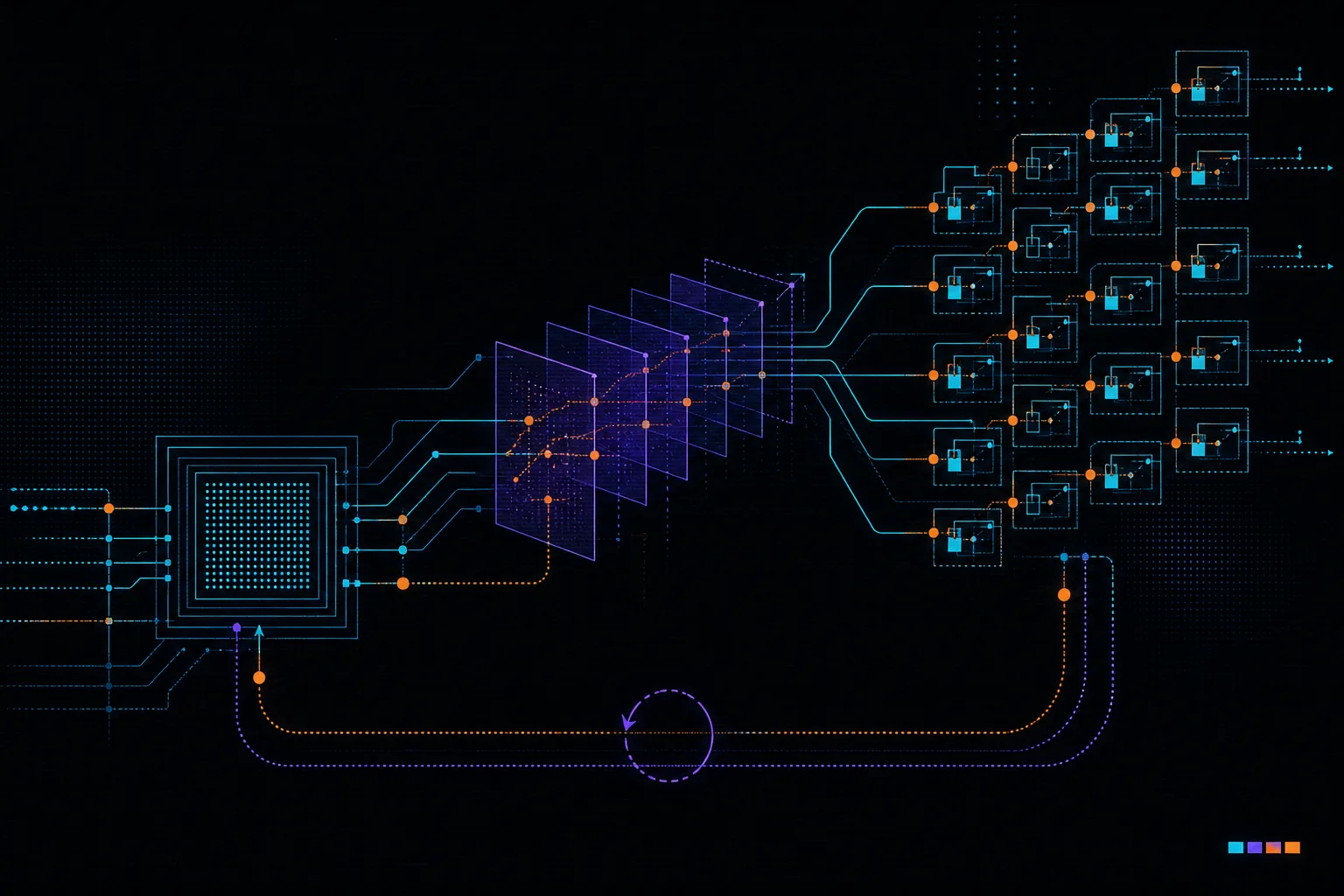 Dark data graphic of a cloud-native pipeline branching into runtime modules with a rollback path.