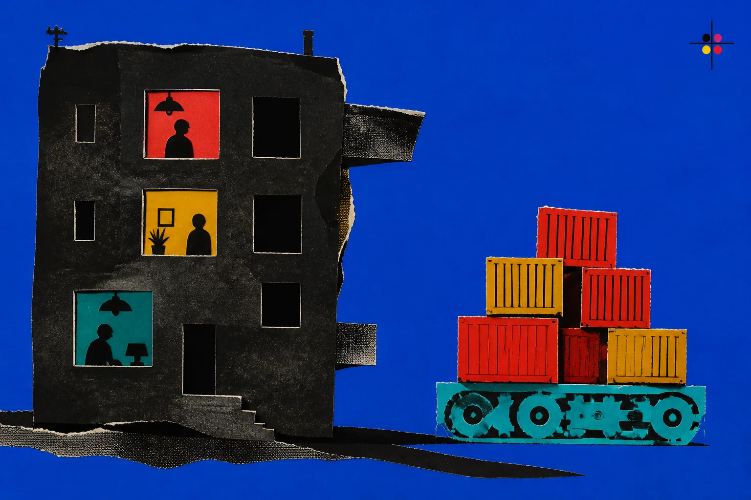 Collage on a blue field contrasting a heavy isolated building with colorful containers on a shared base.