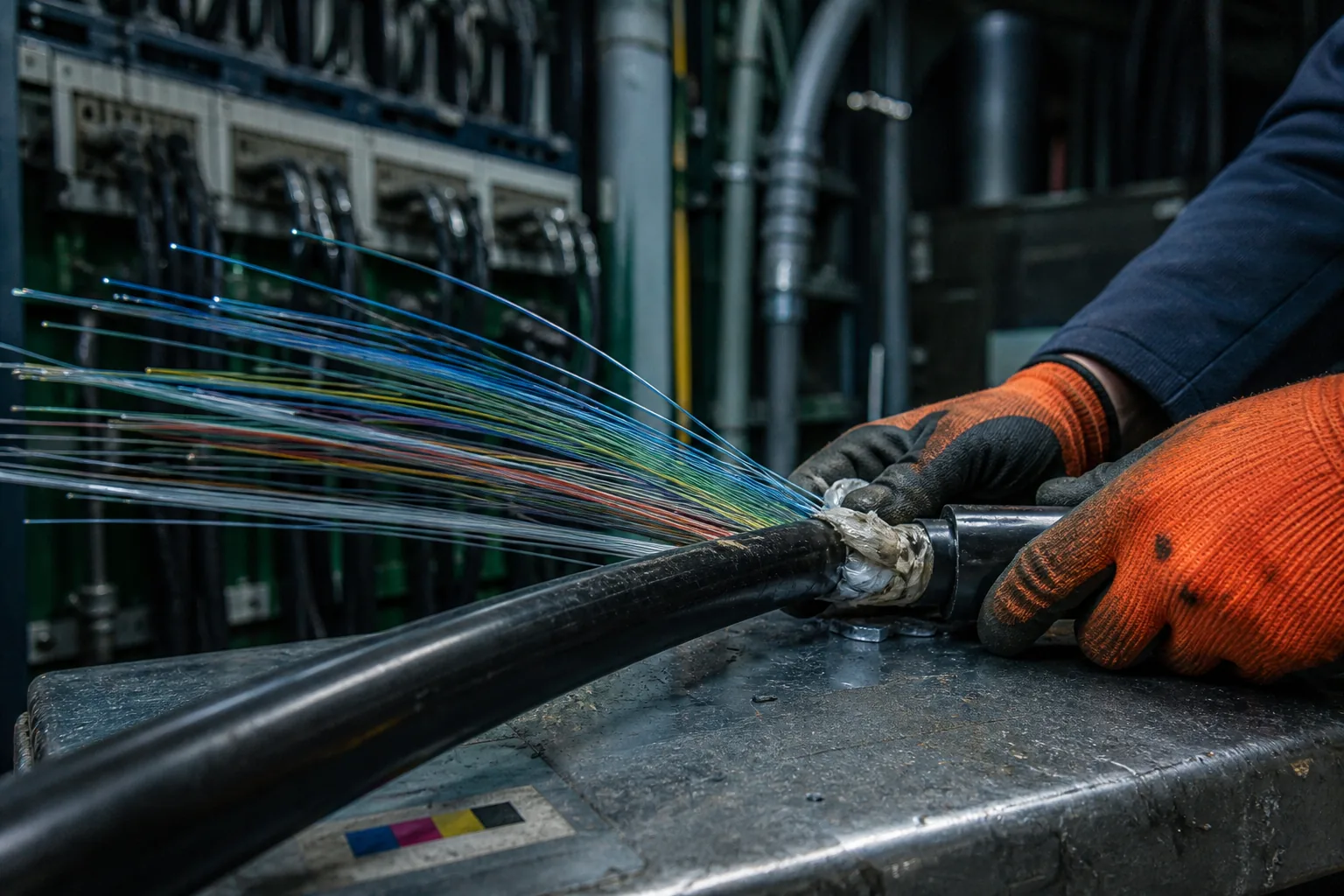 Mani con guanti da lavoro aprono un grande cavo in fibra ottica in una stazione di telecomunicazioni.