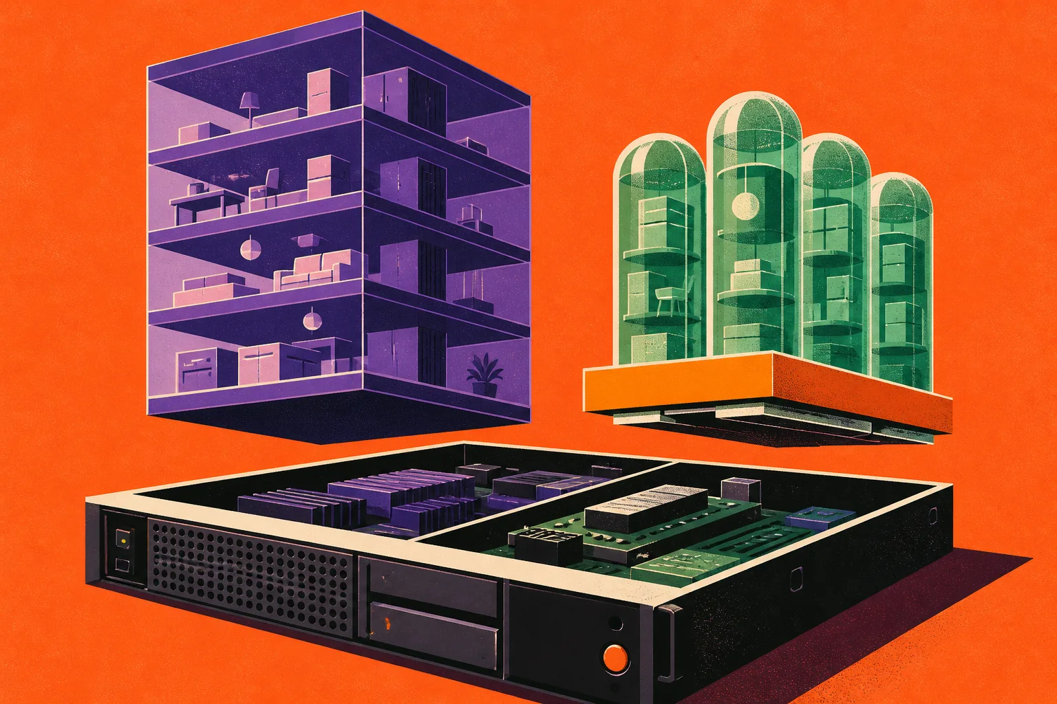Illustrazione arancione che confronta una pesante torre virtuale con moduli leggeri su un server condiviso.