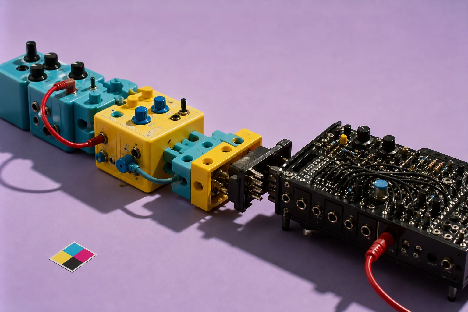 Simple colorful modules connect to a complex black circuit, a metaphor for no-code and traditional programming.