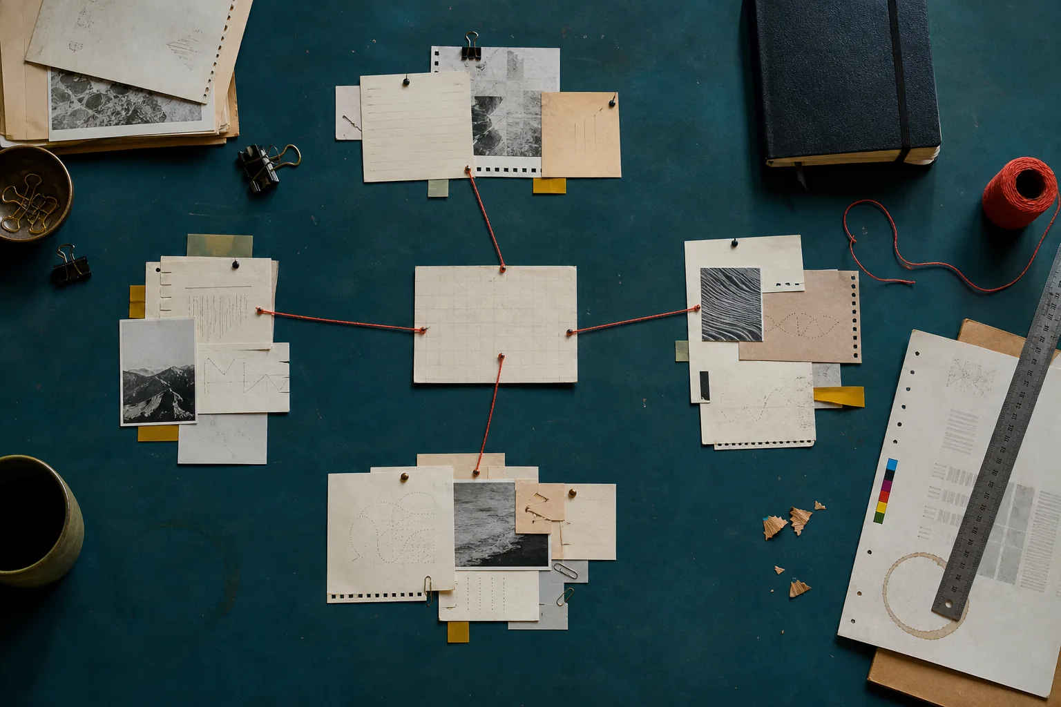 Top-down editorial desk with cards, photographs and red thread arranged as a knowledge map.