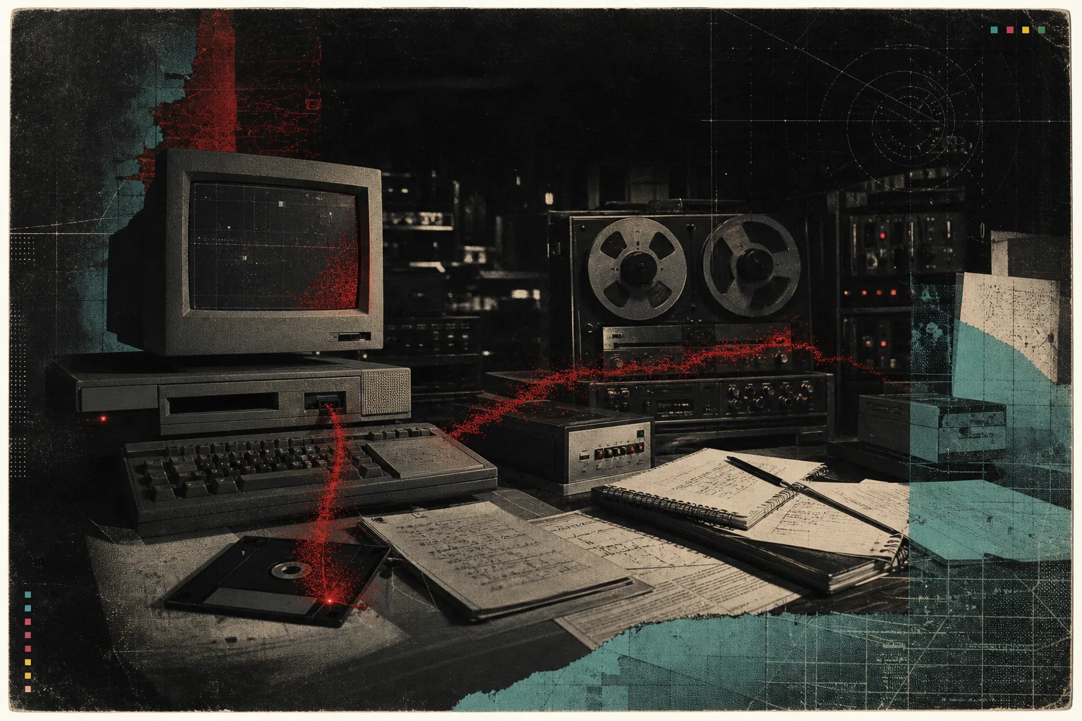 Sala informatica rétro con monitor a tubo catodico, bobine magnetiche, floppy disk e appunti di lavoro.