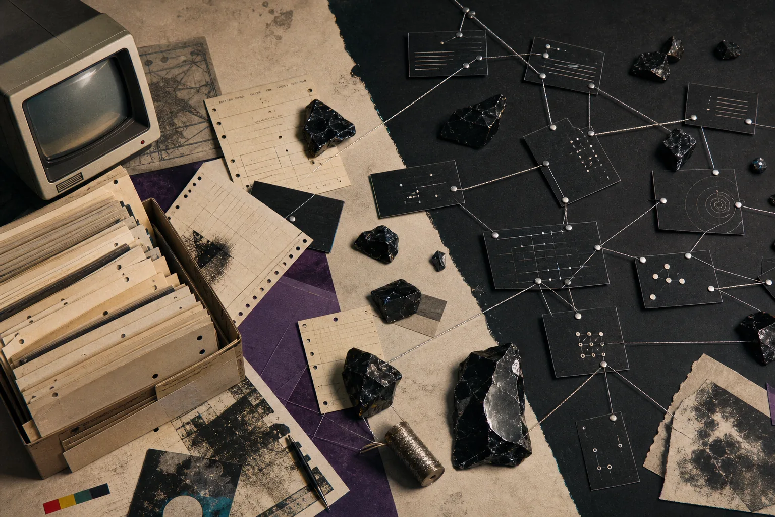 Retro top-down desk with a monitor, dark cards and threads connecting a personal knowledge map.