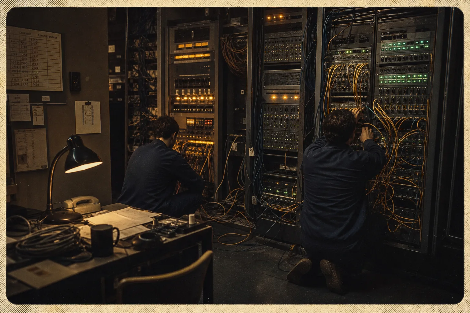 Tecnici al lavoro tra i rack di una sala server illuminata da luci verdi e ambra.