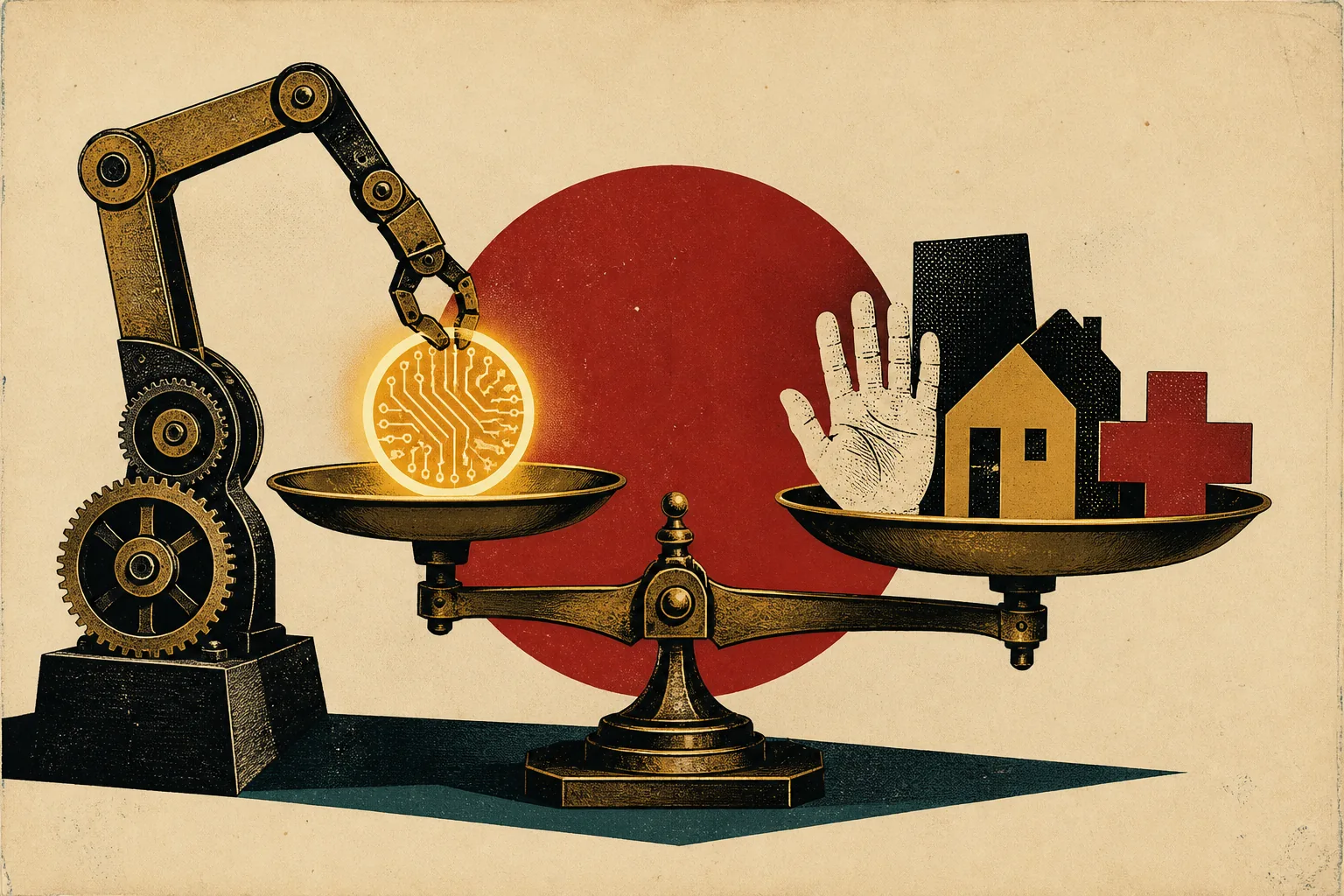 Editorial balance comparing an artificial-intelligence circuit with a hand, a home and a medical symbol.