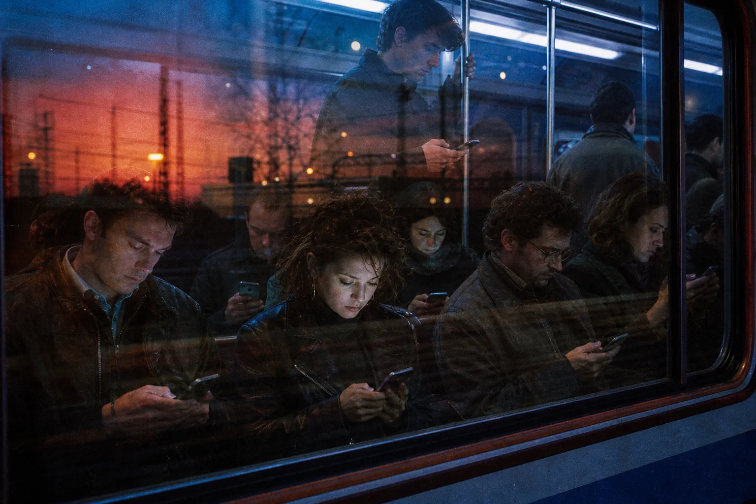 Passeggeri di un treno serale osservati attraverso il finestrino mentre guardano i propri telefoni.