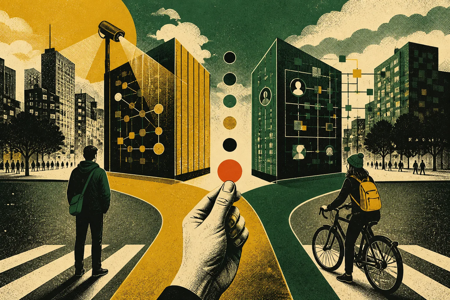 A pedestrian and cyclist facing urban paths governed by cameras, networks and algorithmic choices.