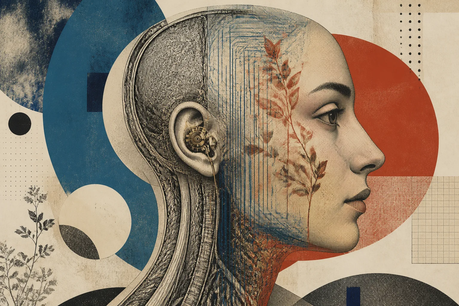 Human profile made from anatomical engravings, transparent circuitry, plants and a hearing device.