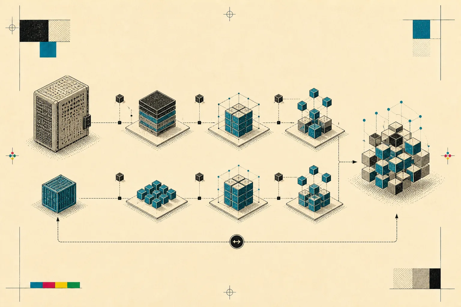 Retro editorial diagram of connected modules and cubes converging into a distributed structure.