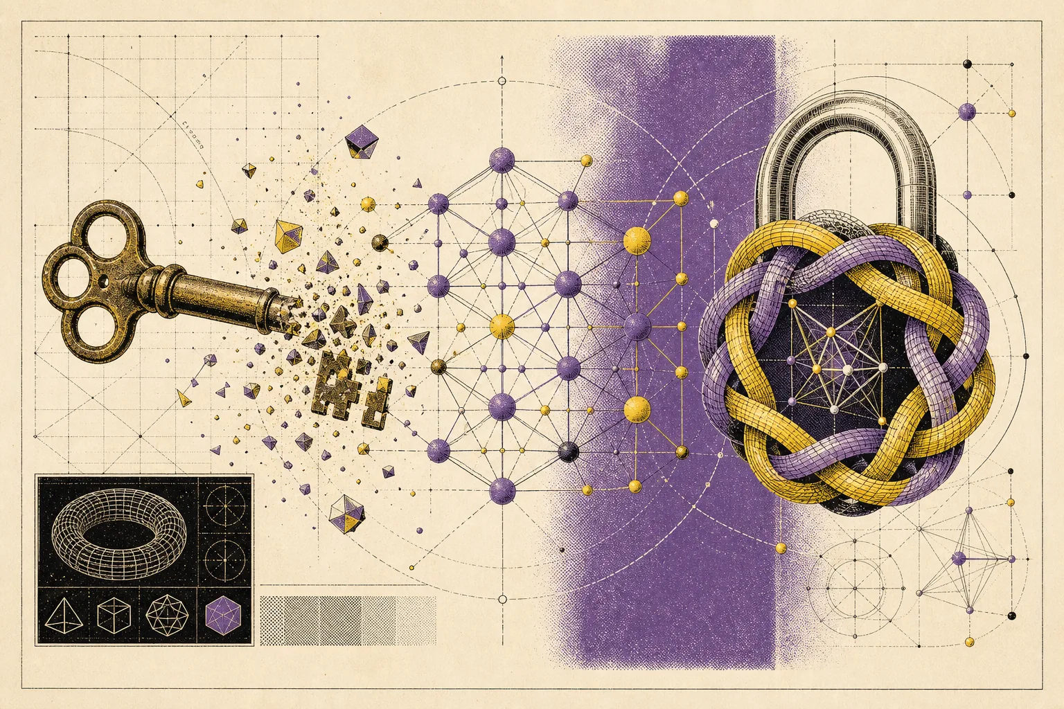 Una chiave classica si frantuma in un reticolo matematico che forma un nuovo lucchetto intrecciato.