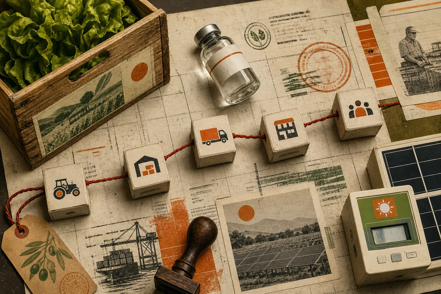 Prodotti agricoli, medicina, logistica ed energia collegati da blocchi fisici e filo rosso su un tavolo d’archivio.