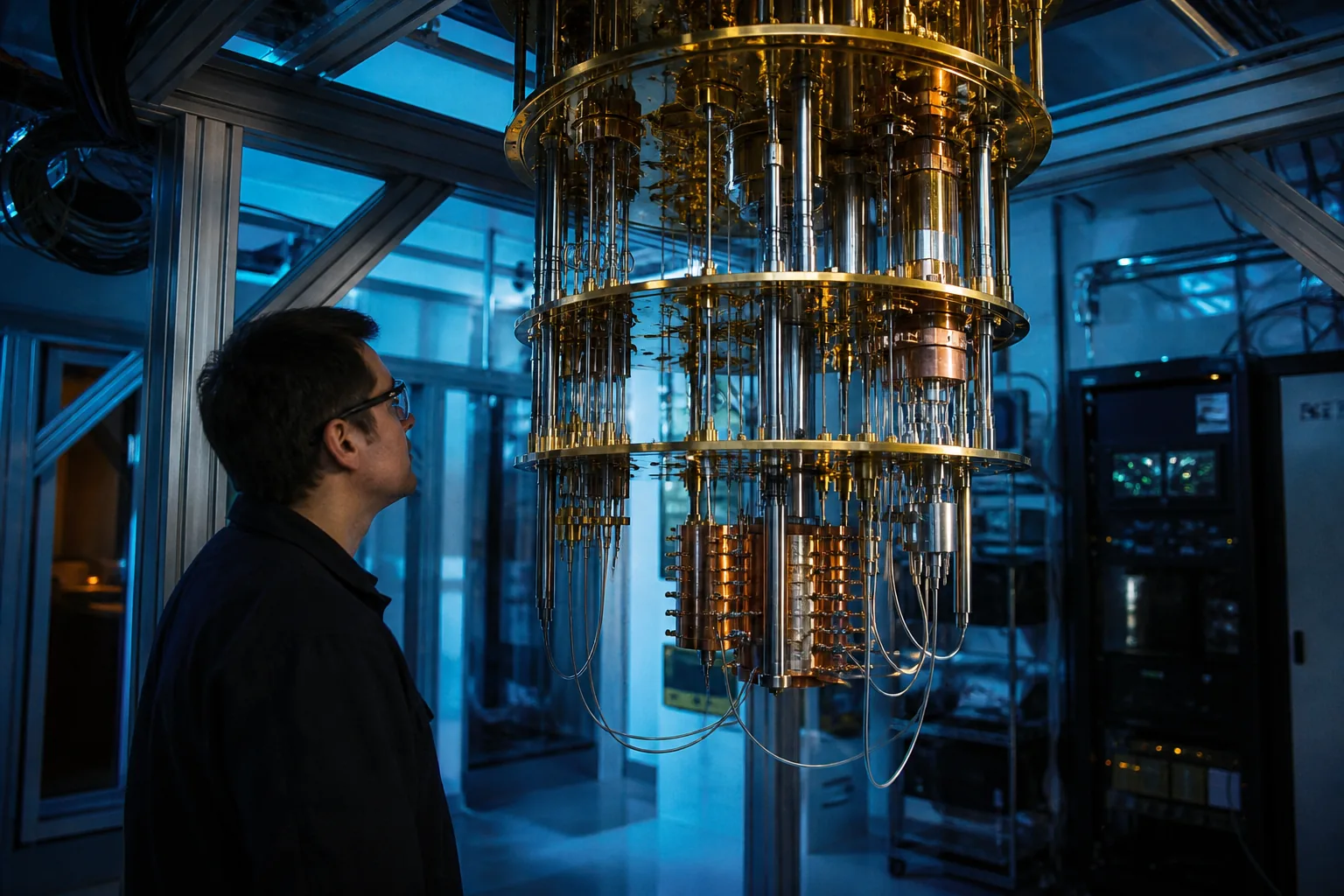 Un tecnico osserva l’apparato dorato e ramato di un computer quantistico in laboratorio.