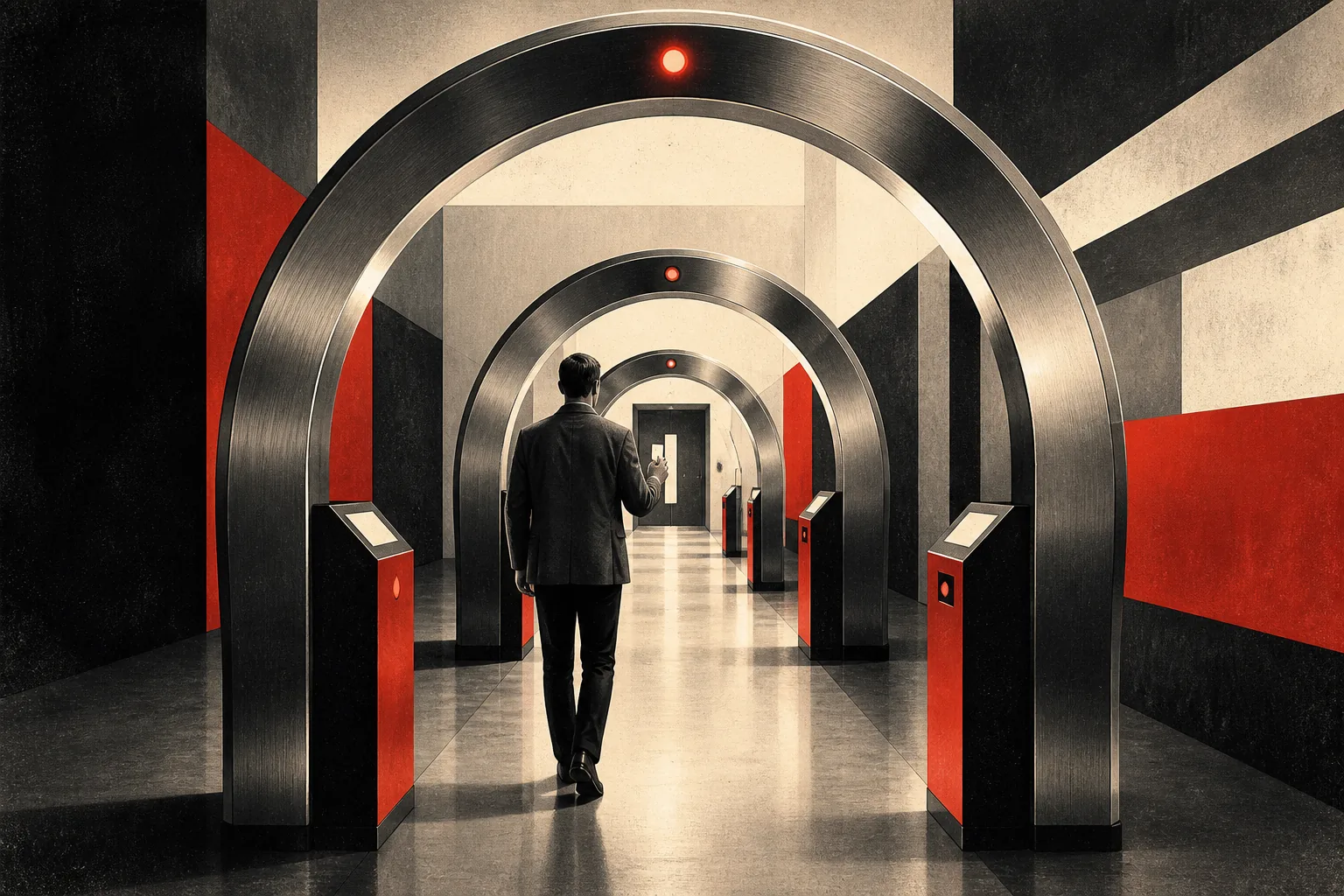 A person walks through concentric security gates, presenting a badge at every checkpoint.
