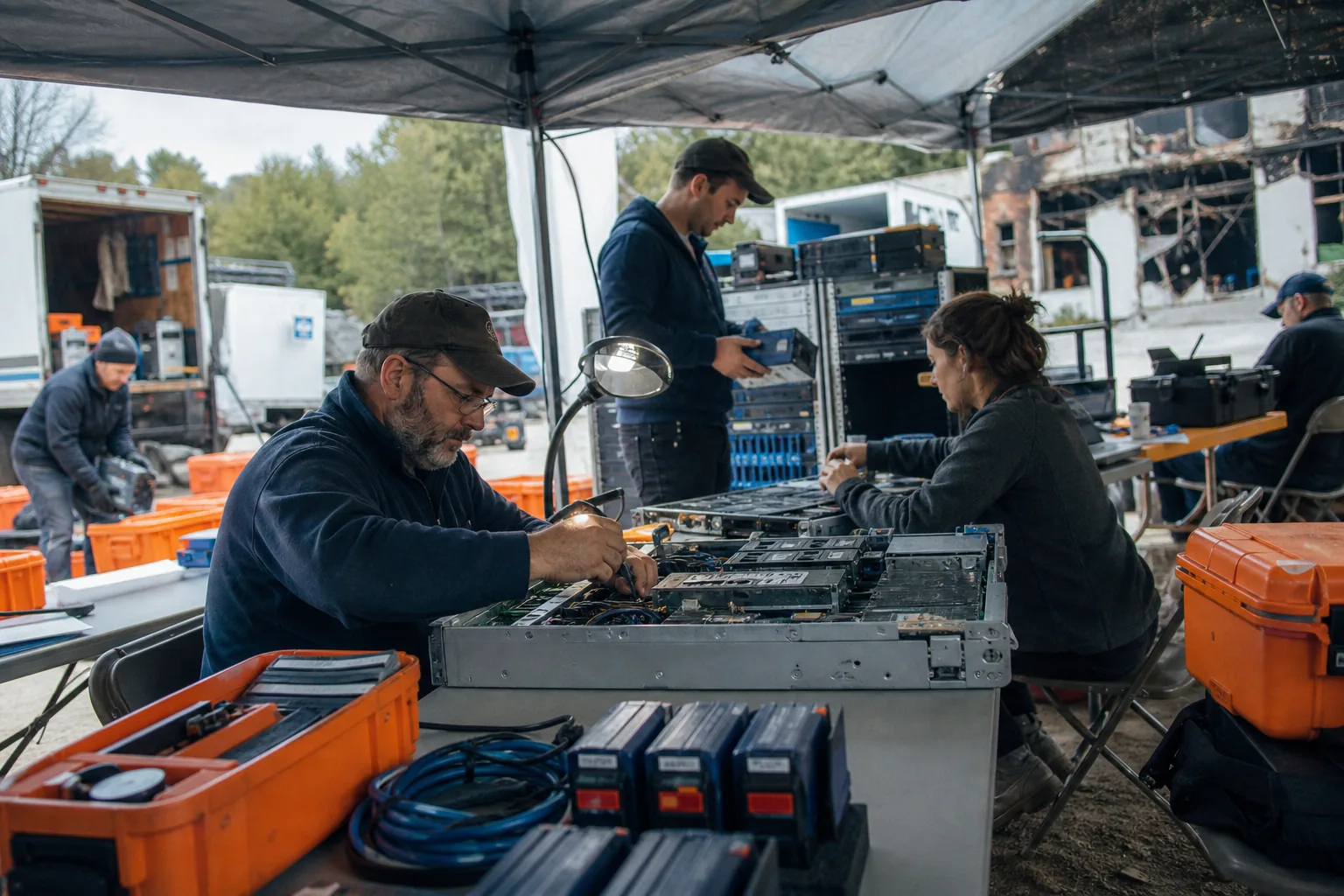 Squadra tecnica ricostruisce server e supporti di backup in un’area temporanea di ripristino.