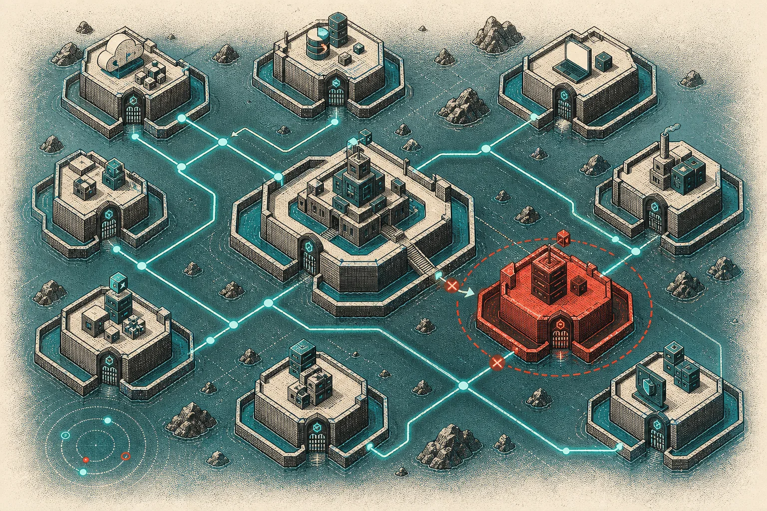 A network of fortified islands where a compromised red node is isolated and cyan routes bypass it.