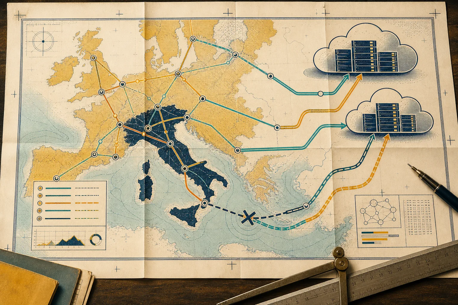 Technical map of Europe with alternative network routes bypassing a broken undersea link.