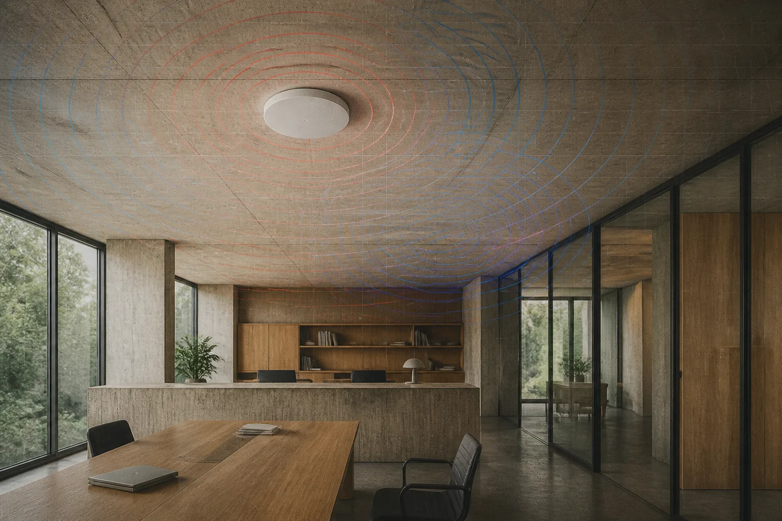 Unbranded circular access point on a brutalist office ceiling, surrounded by red and blue radio waves.