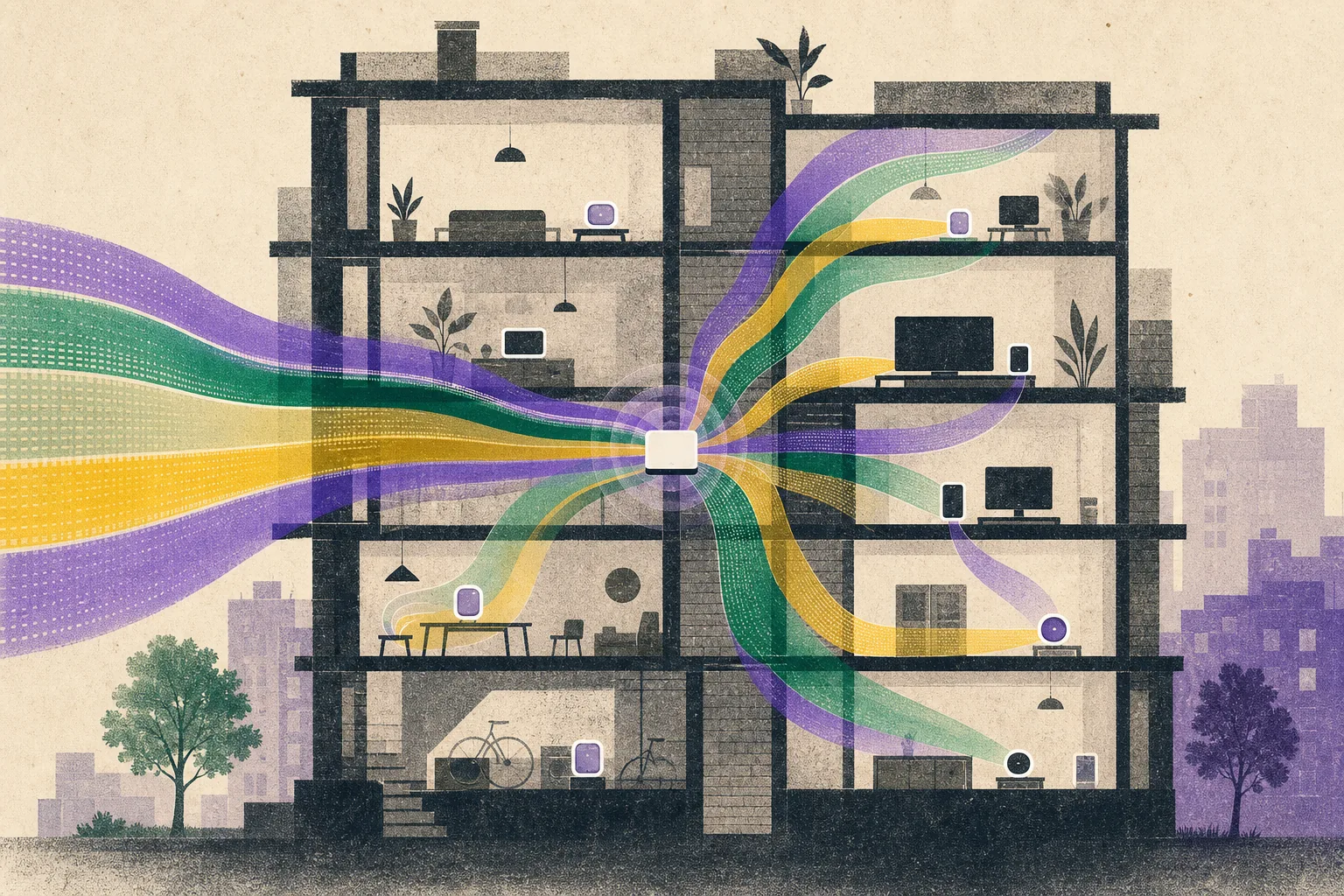 Building cross-section crossed by violet, green and yellow radio bands reaching many devices.