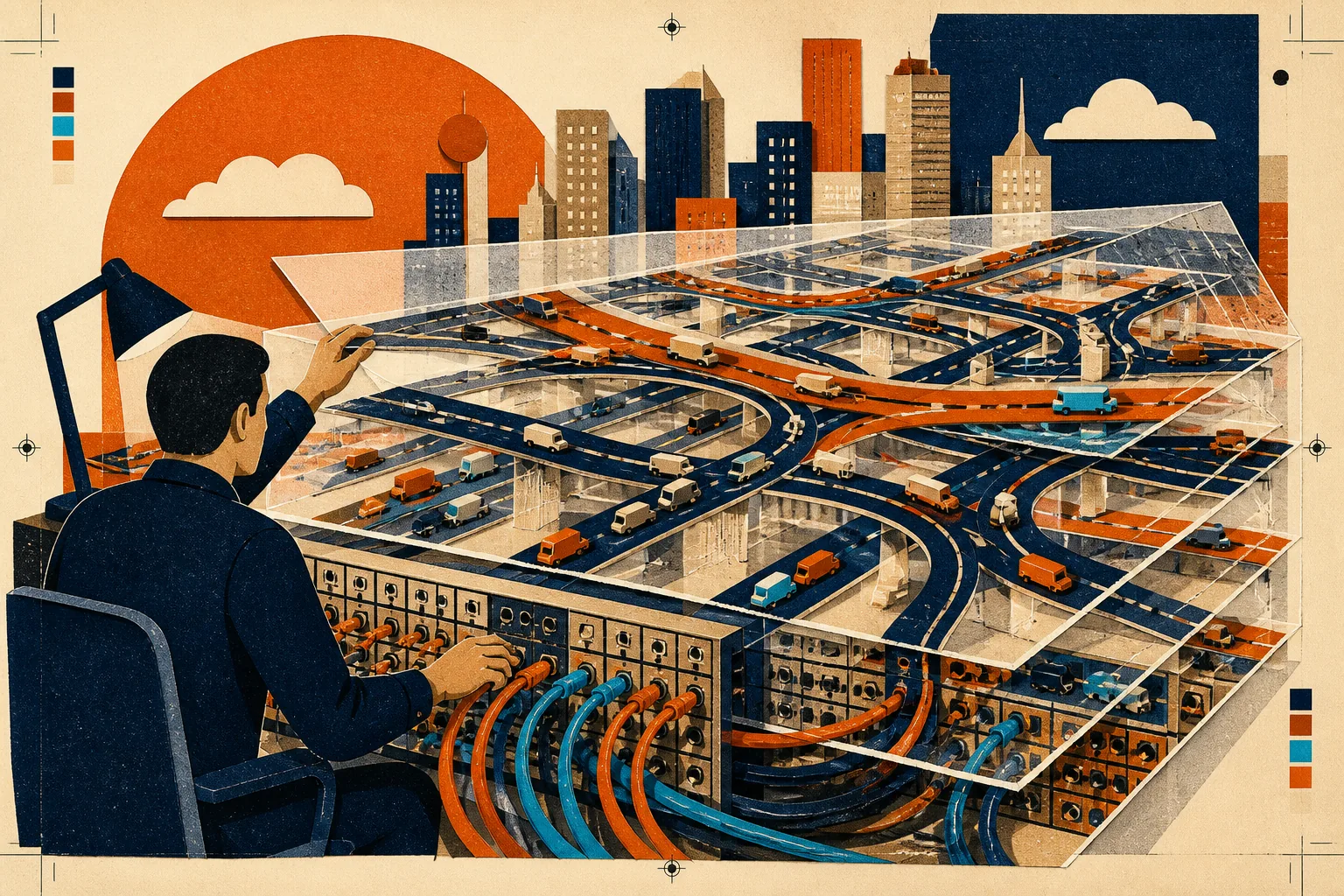 An operator controls a city of layered roads and data vehicles, a metaphor for software-defined networks.