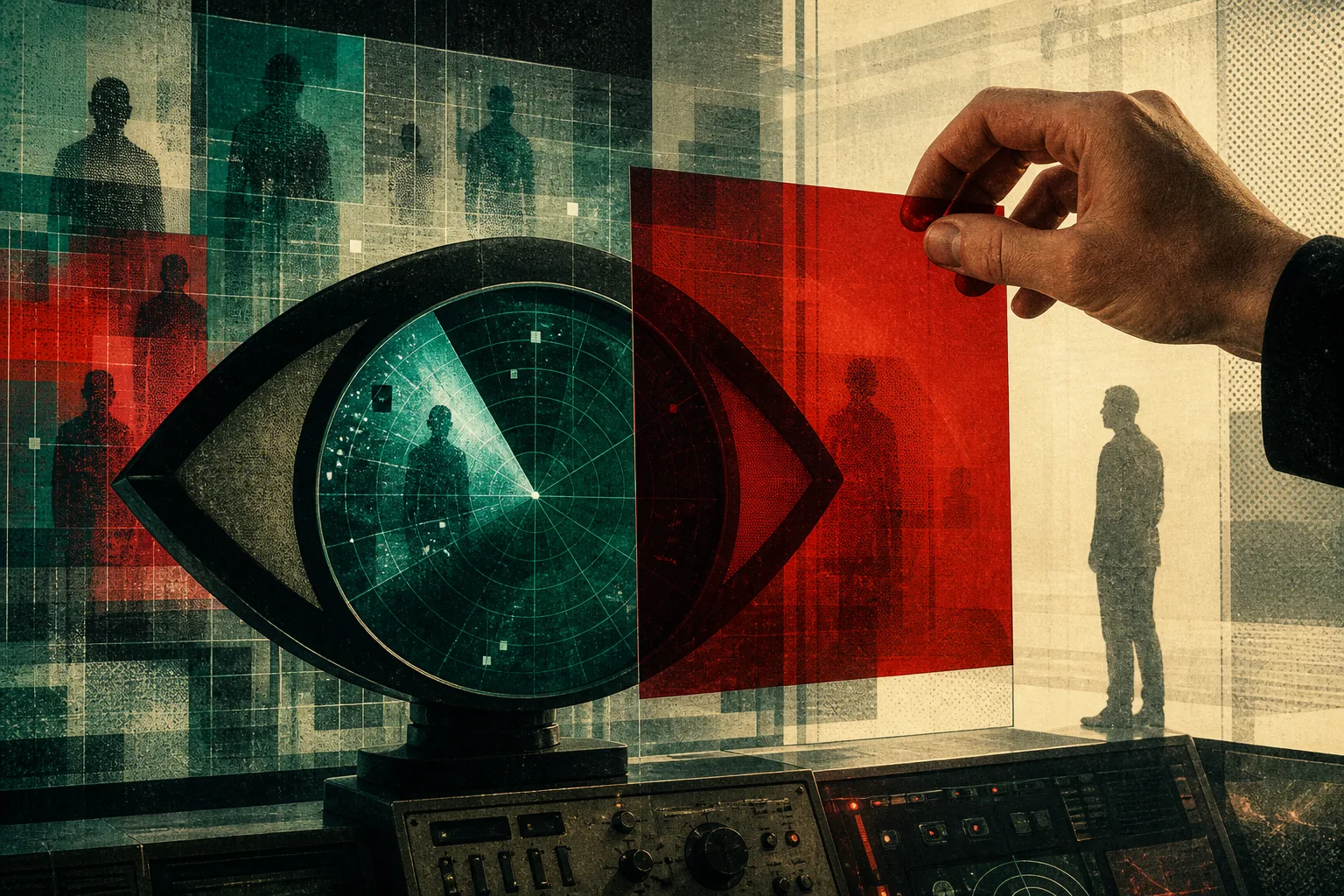 A radar eye scans human silhouettes while a hand inserts a red layer of oversight.