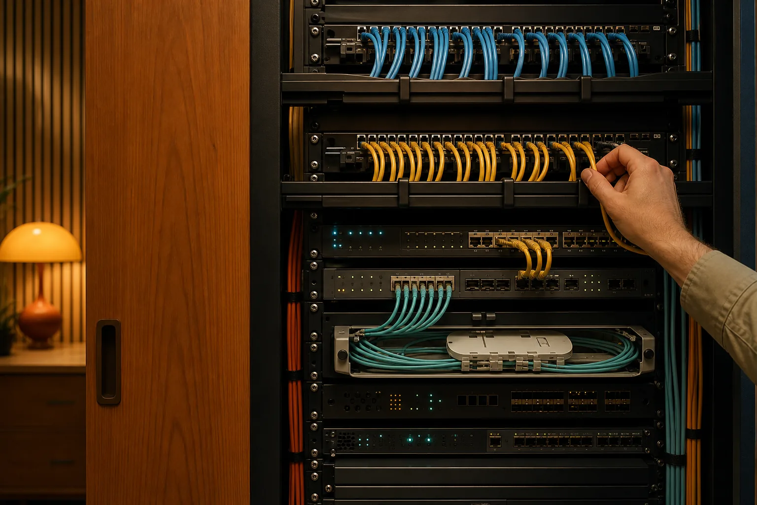 Neatly organised enterprise network rack with blue and yellow cables as a hand completes a connection.